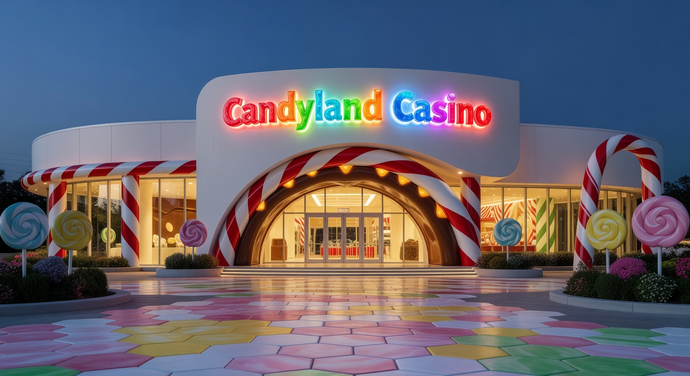 Vibrant lobby of Candyland Casino featuring colorful slots and table games
