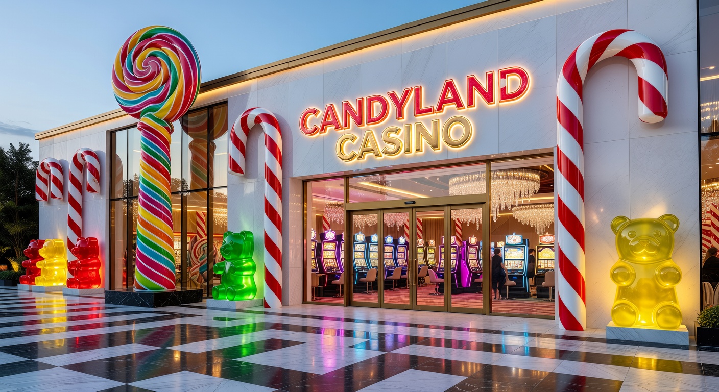 Live dealer at Candyland Casino dealing blackjack with colorful candy-themed backdrop