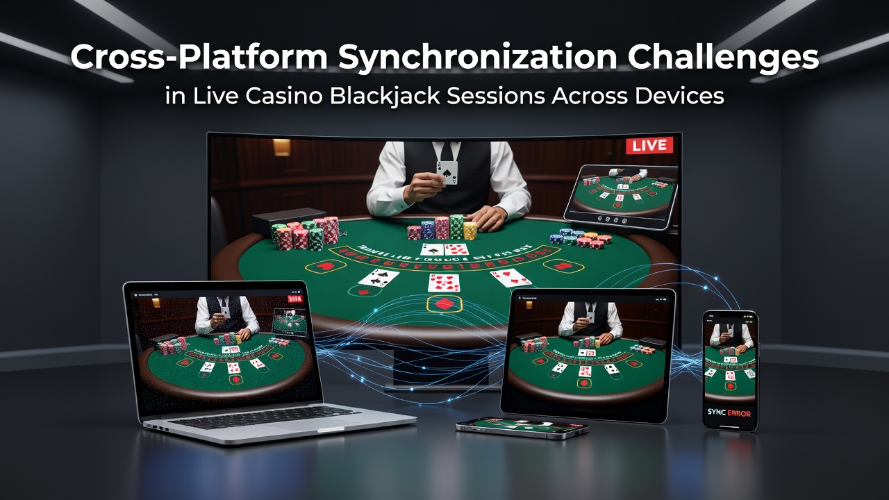 Live casino blackjack interface displayed across multiple devices including desktop, tablet, and smartphone showing synchronized game state