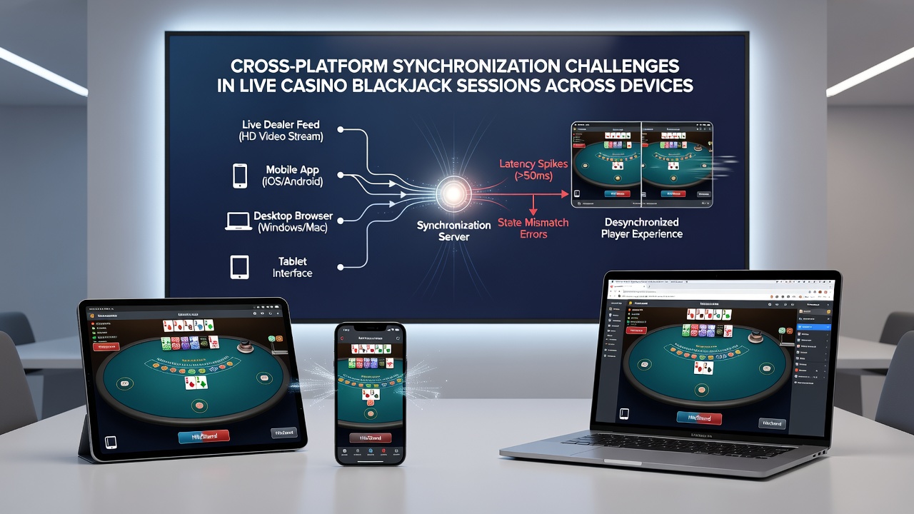 Close-up view of a live blackjack table with overlaid device icons representing synchronization points between player sessions