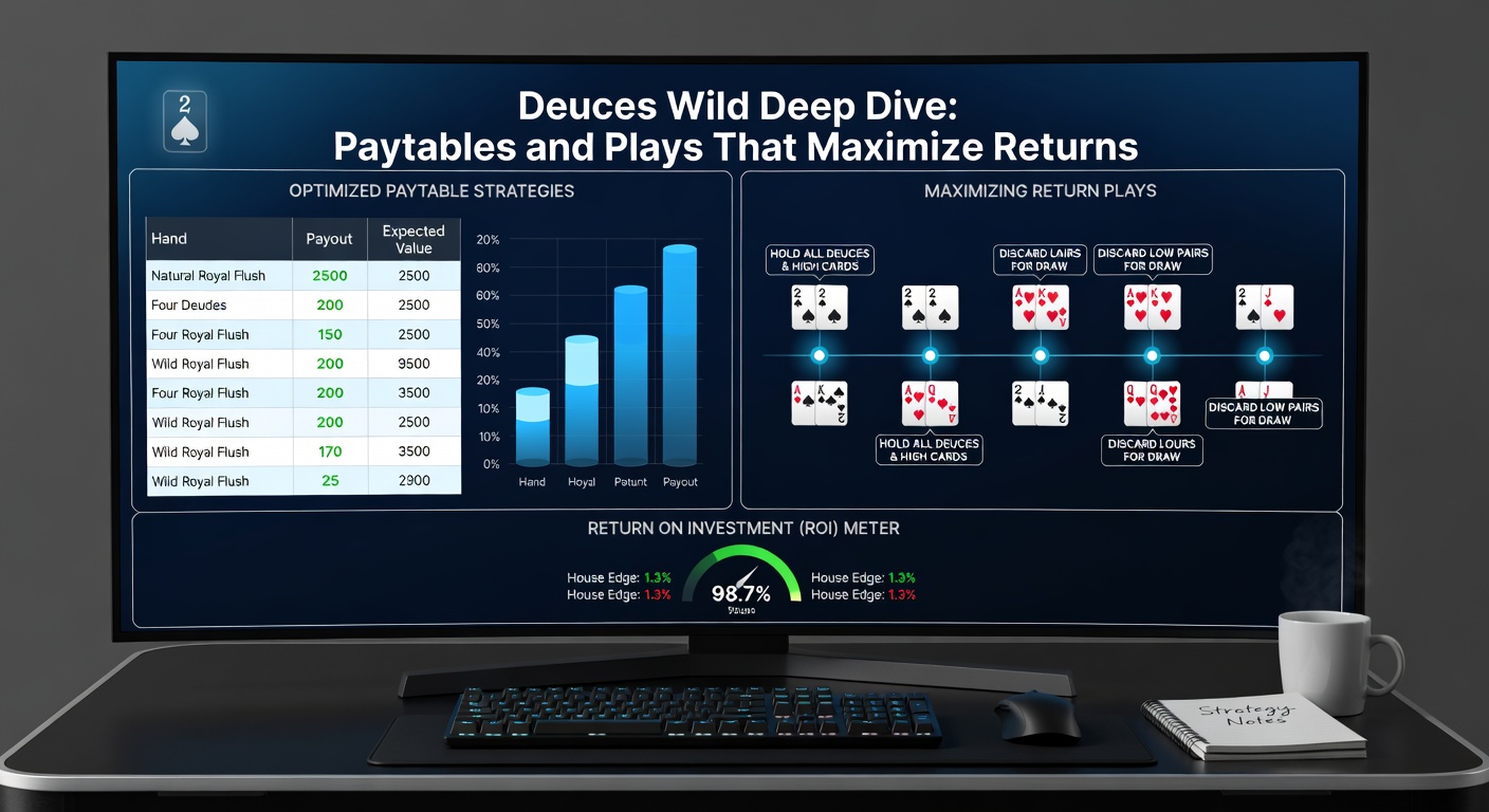Strategy chart for Deuces Wild showing hold decisions for dealt hands like four to a royal or three deuces