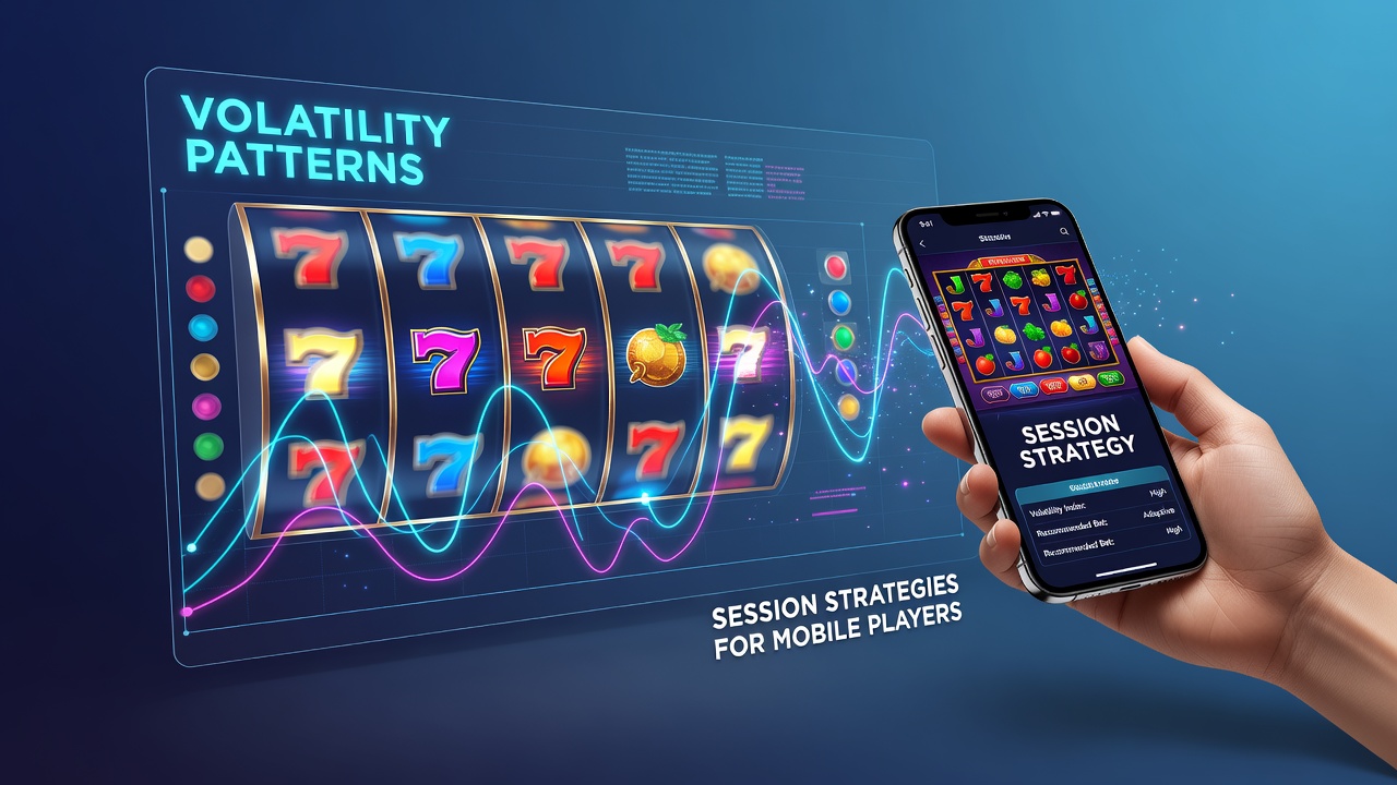Mobile player engaging with a digital slot game on smartphone, showing volatility indicators and session data overlays