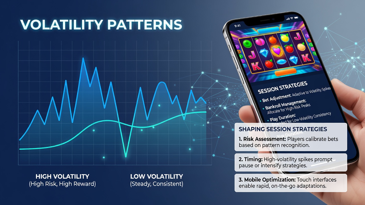 Close-up of slot game interface on mobile device highlighting volatility settings and payout history graph