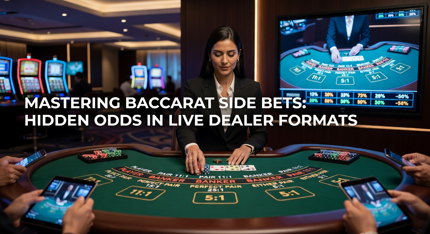 Live dealer baccarat table with side bet options illuminated on the screen, showing player and banker hands in progress