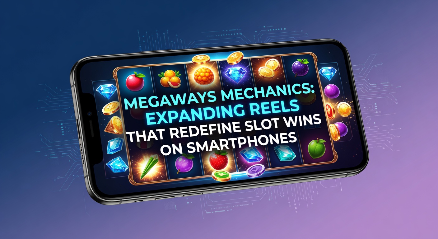 Dynamic illustration of expanding Megaways reels on a smartphone screen, showing cascading symbols and massive win potential