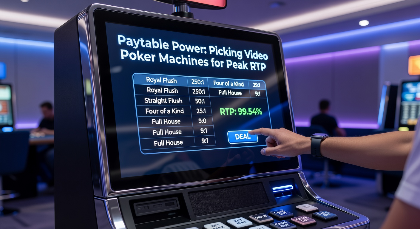 Close-up of a video poker machine screen displaying a full paytable for Jacks or Better, highlighting royal flush and straight flush payouts