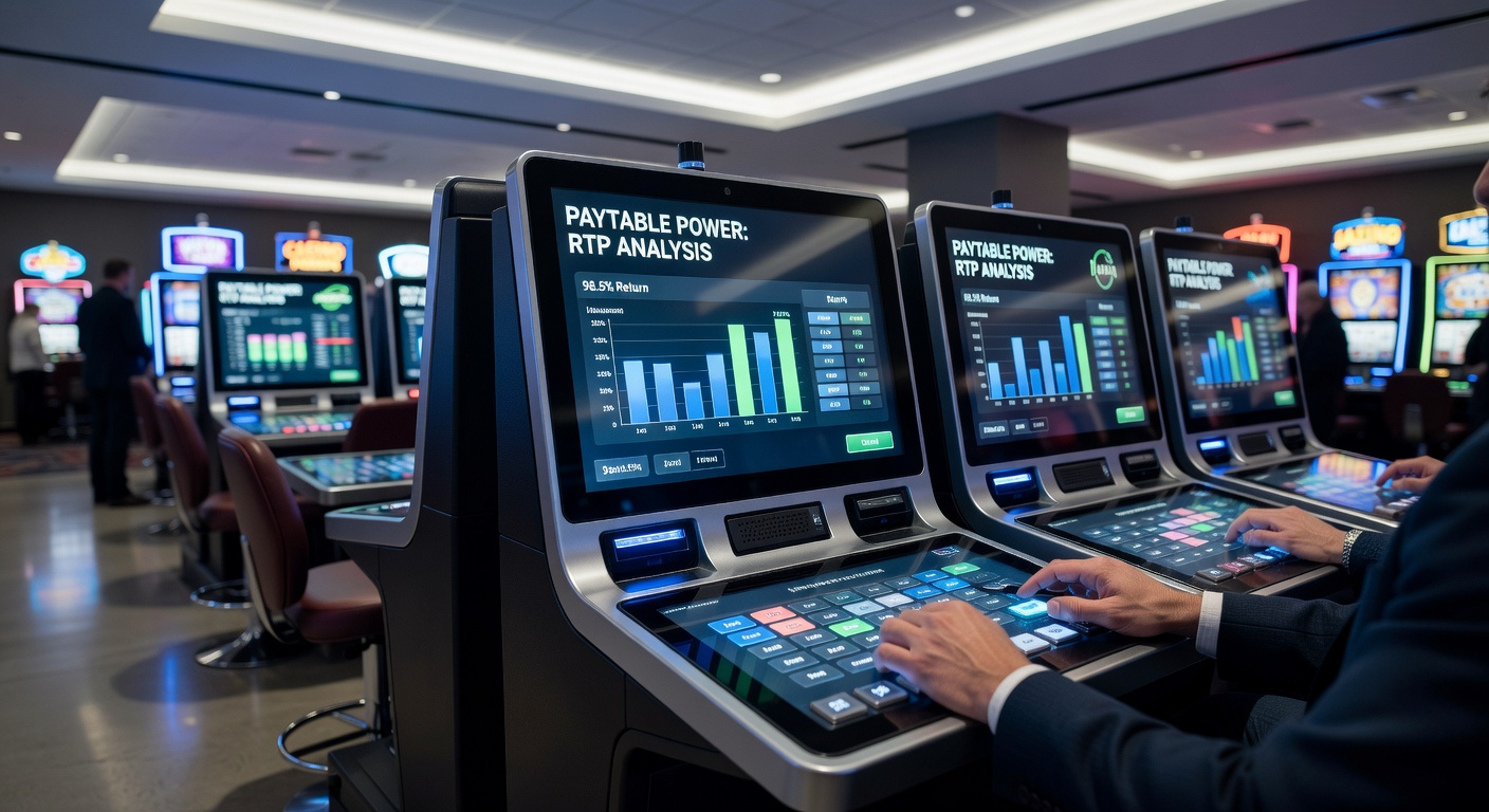 Player at a casino bar examining a video poker paytable on a touchscreen machine, with strategy chart visible nearby