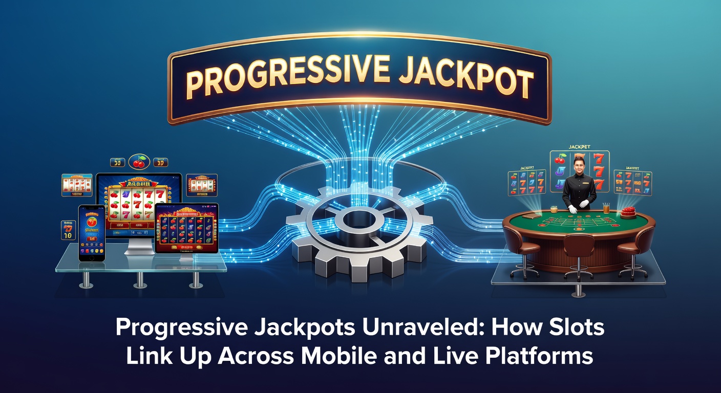 Digital visualization of interconnected slot machines displaying rising jackpot counters across mobile screens and live casino tables