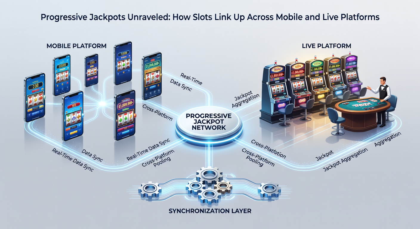 Screenshot collage showing a progressive jackpot slot game on a smartphone next to a live casino monitor with synchronized jackpot amounts