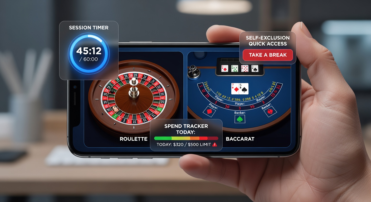 Smartphone screen displaying a mobile roulette game with overlaid responsible gambling notifications and session timers
