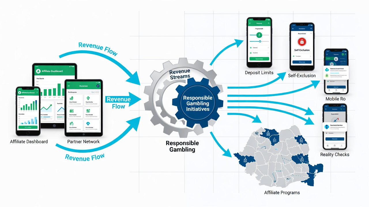Mobile device displaying roulette and slot interfaces with visible responsible gambling controls linked to affiliate revenue tracking
