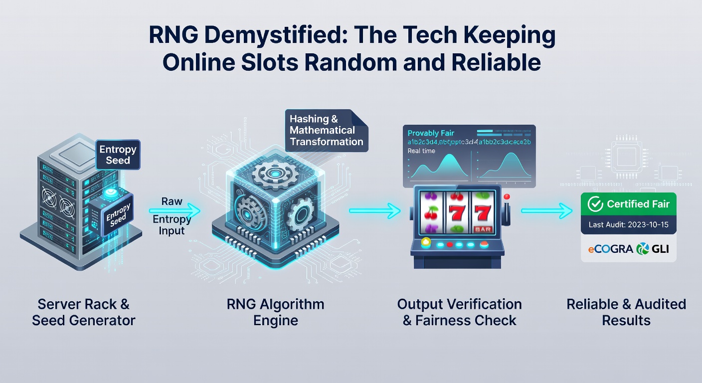 Close-up of a secure server room housing RNG hardware, with glowing screens displaying random number streams and certification badges from global regulators