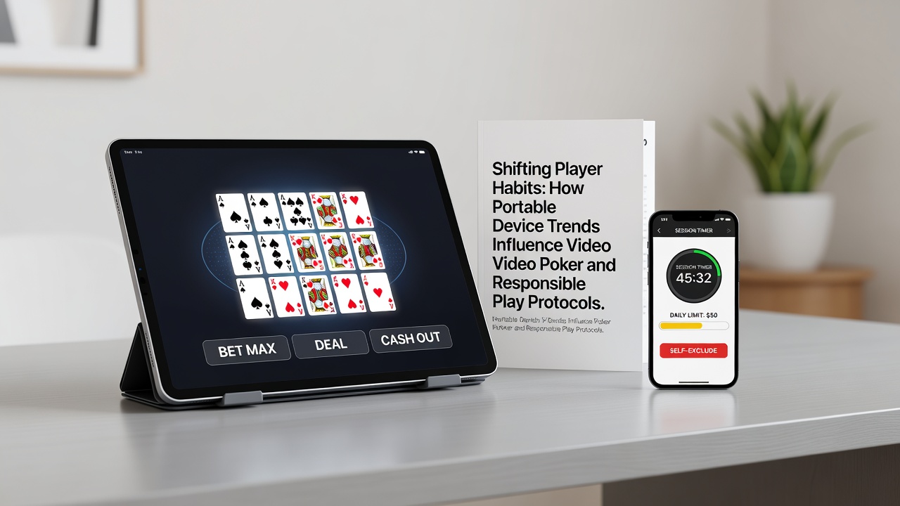Mobile devices displaying video poker interfaces alongside responsible gaming tools on screen