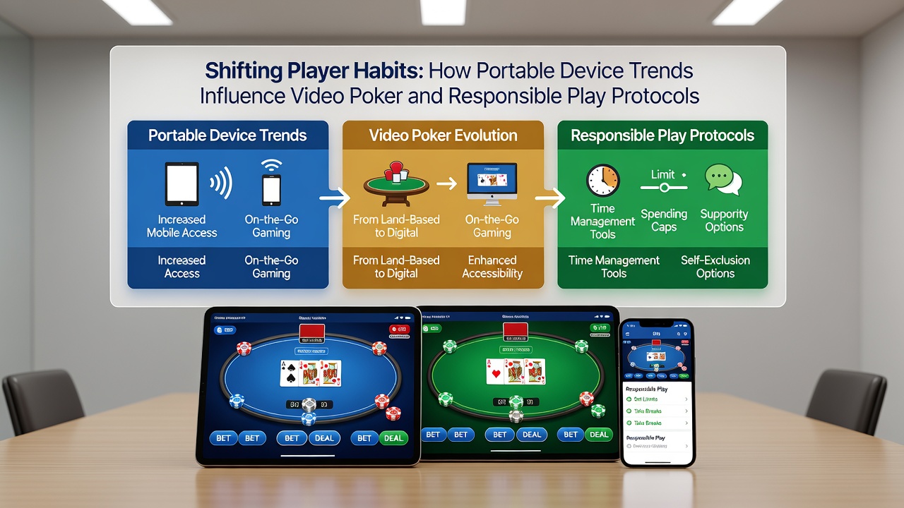 Player using tablet for video poker with visible responsible gaming controls and time limit notifications