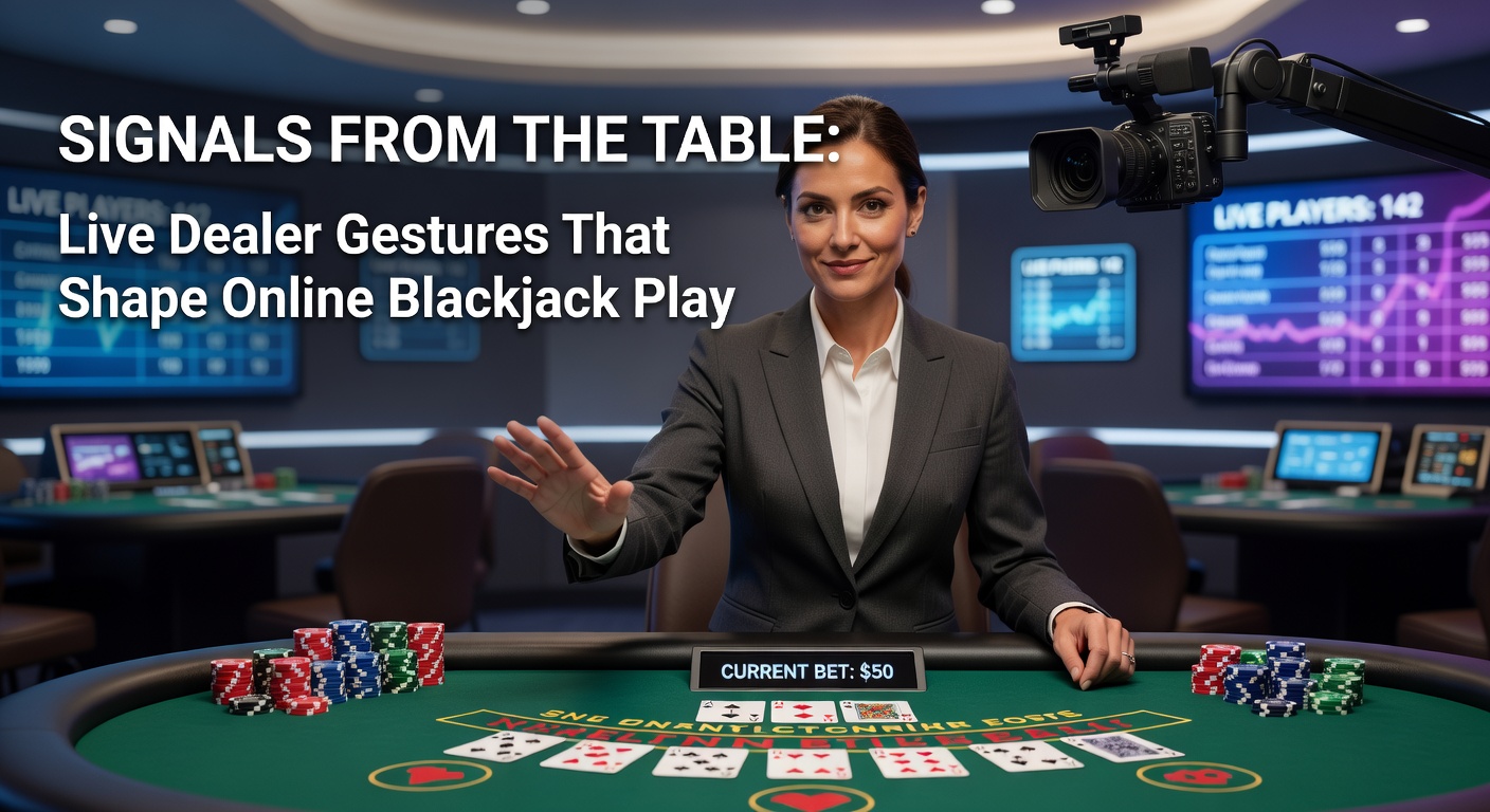 Live dealer at online blackjack table gesturing with hands over cards, capturing the intensity of real-time signals