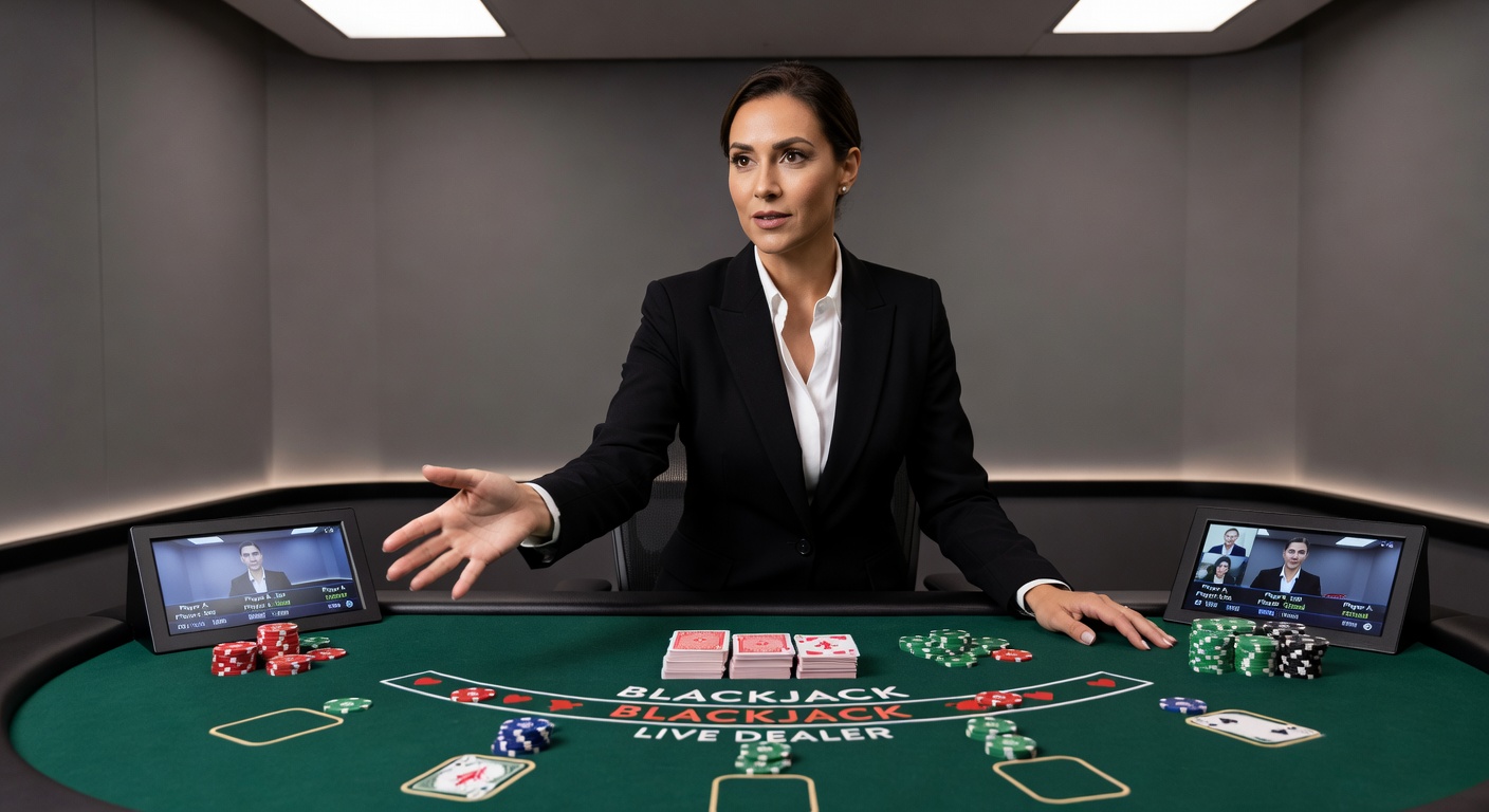 Close-up of dealer using precise finger gestures to signal insurance bet in live online blackjack, with cards and chips in foreground