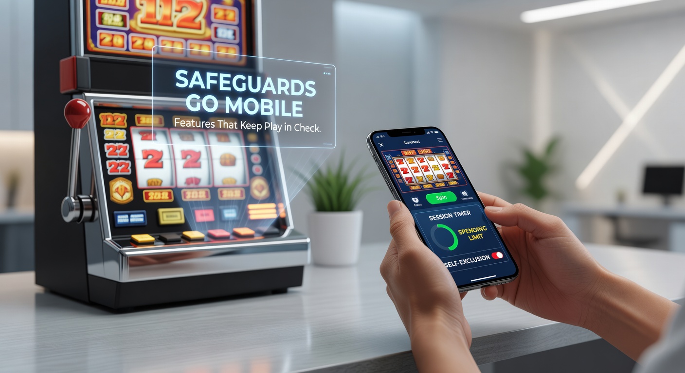 Mobile phone displaying a slot machine app with overlaid safeguard icons like timers and limit settings