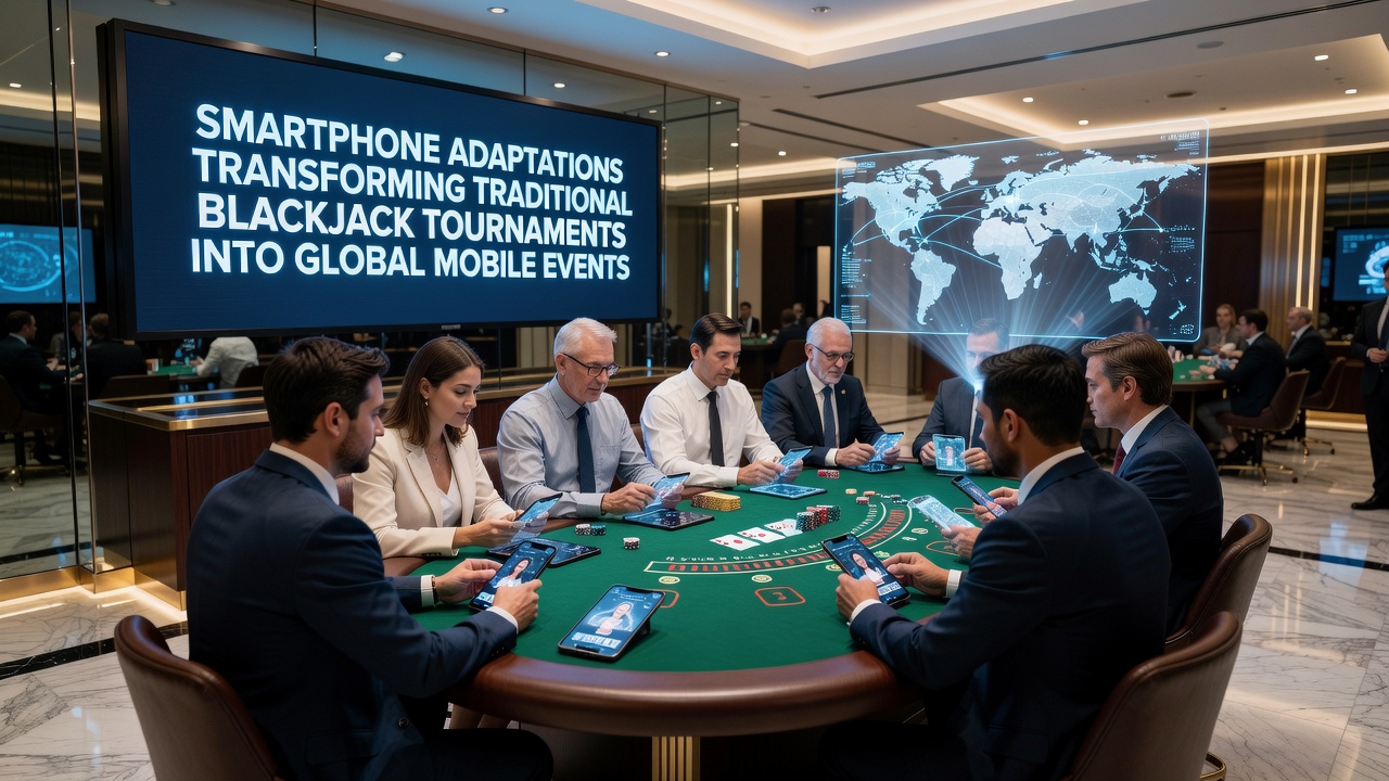 Smartphone displaying a live blackjack tournament interface connected to players across different continents with real-time betting options