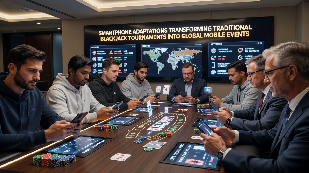 Group of players using smartphones to participate in a synchronized global blackjack tournament with live dealer integration