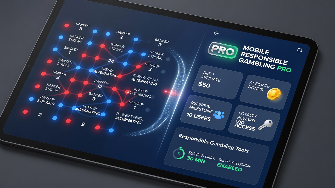Analytics dashboard displaying baccarat player patterns, affiliate commission tiers, and responsible gambling alerts