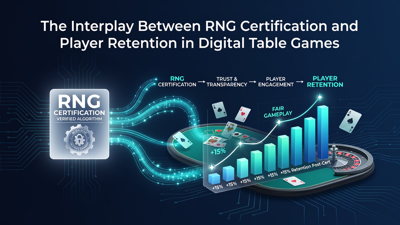 Digital table game interface showing RNG certification badge and player statistics dashboard