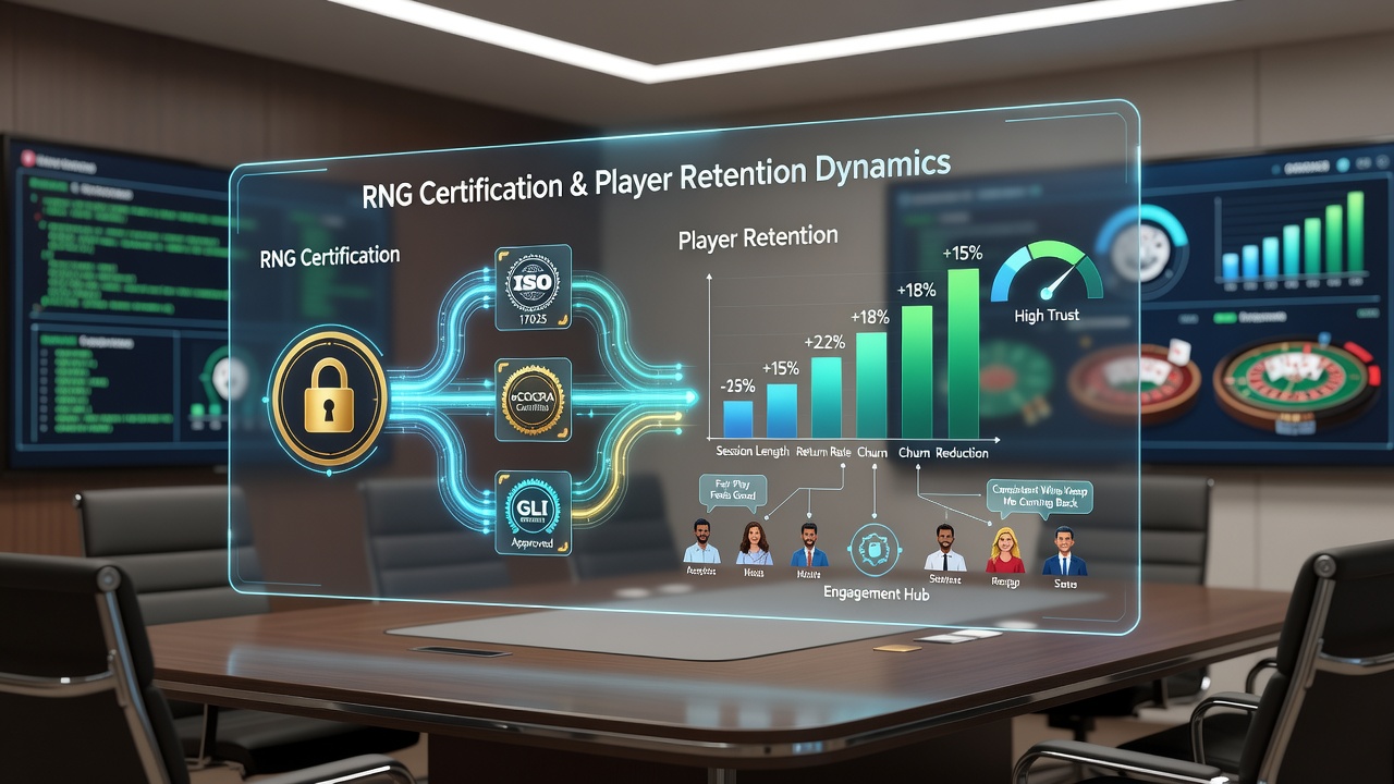 Analytics chart displaying player retention rates alongside RNG certification timelines for table games