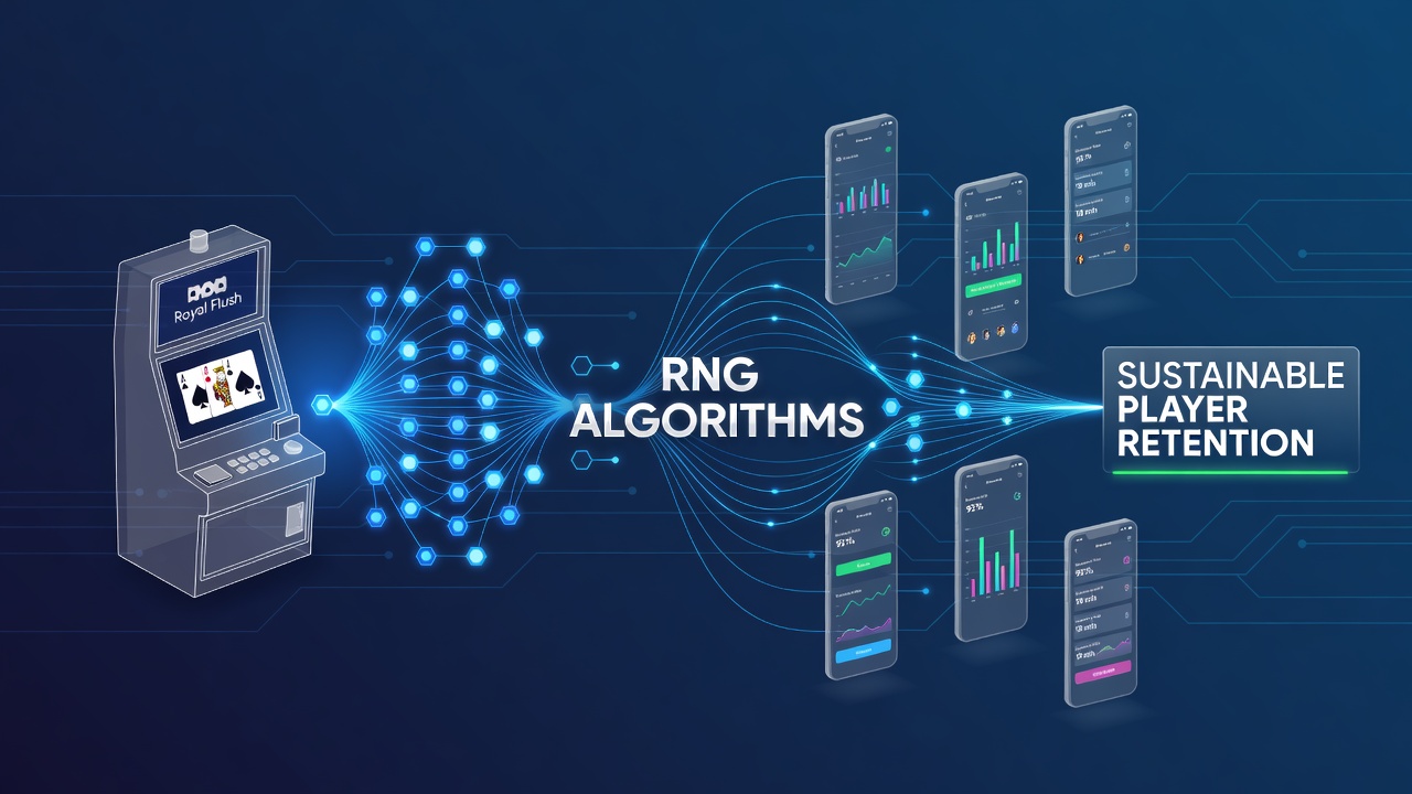 Diagram showing RNG processes in video poker machines connected to mobile tracking dashboards used by affiliate programs