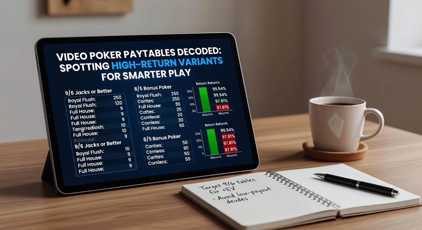 Close-up view of a video poker machine displaying a detailed paytable with payout amounts for various hands