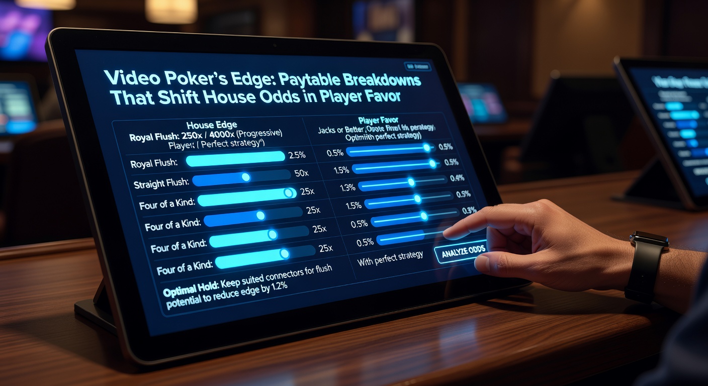 Close-up of a video poker machine screen displaying a royal flush payout table with glowing neon accents and jackpot indicators
