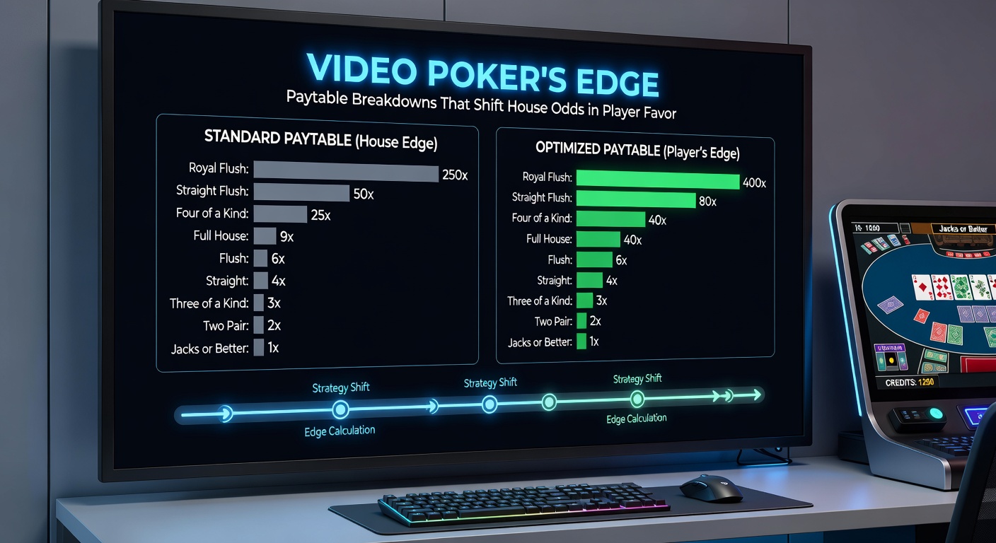 Detailed comparison chart of video poker paytables side-by-side, highlighting full-pay versus short-pay payouts for hands like full house, flush, and straight flush on a digital screen
